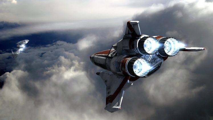 Battlestar Galactica, Spaceship, Cylons, Digital Art, Futuristic, Clouds, Sky, Science Fiction HD Wallpaper Desktop Background