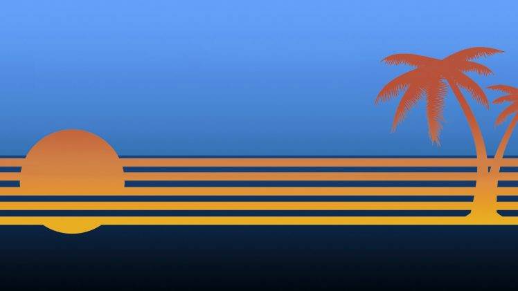digital Art, Minimalism, Orange, Sun, Sea, Palm Trees, Horizon, Lines HD Wallpaper Desktop Background
