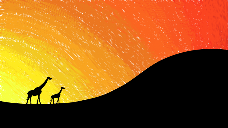 digital Art, Minimalism, Orange, Animals, Giraffes, Silhouette, Hill, Sunset, Baby Animals HD Wallpaper Desktop Background