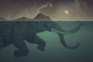 digital Art, Elephants, Moon, Sea, Water, Sky