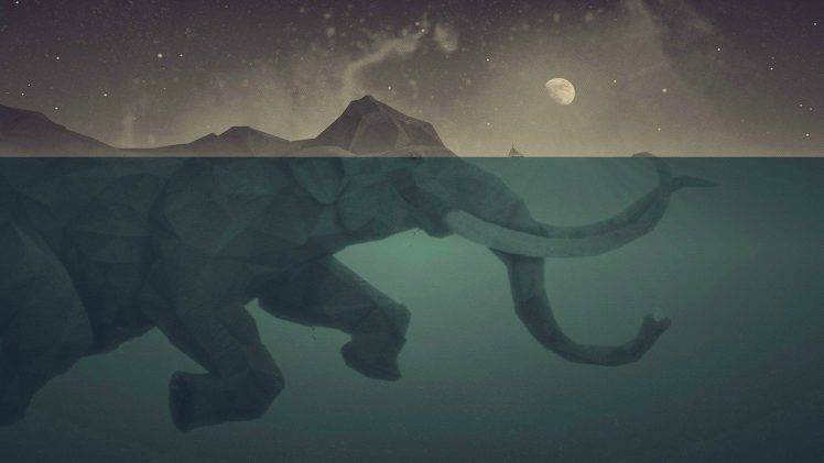 digital Art, Elephants, Moon, Sea, Water, Sky HD Wallpaper Desktop Background