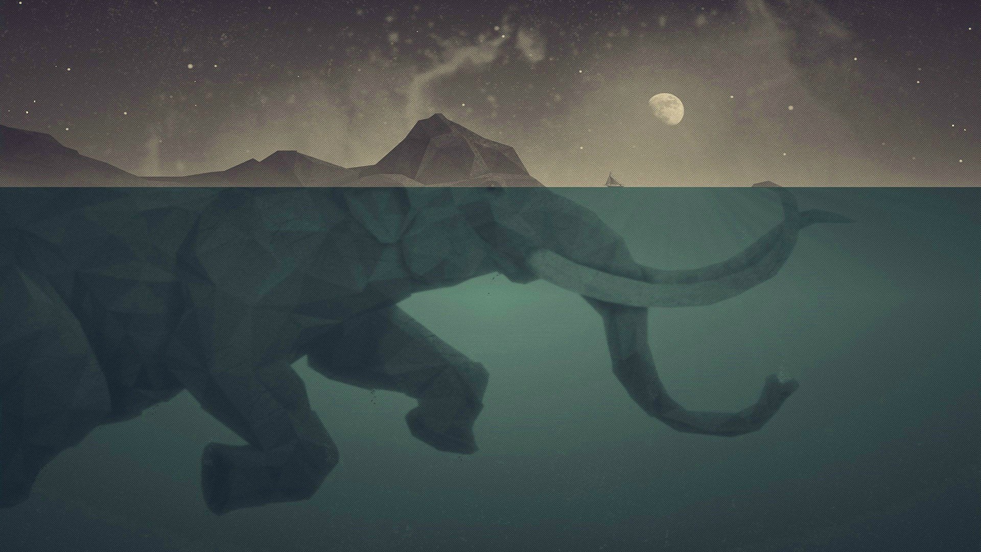 digital Art, Elephants, Moon, Sea, Water, Sky Wallpaper