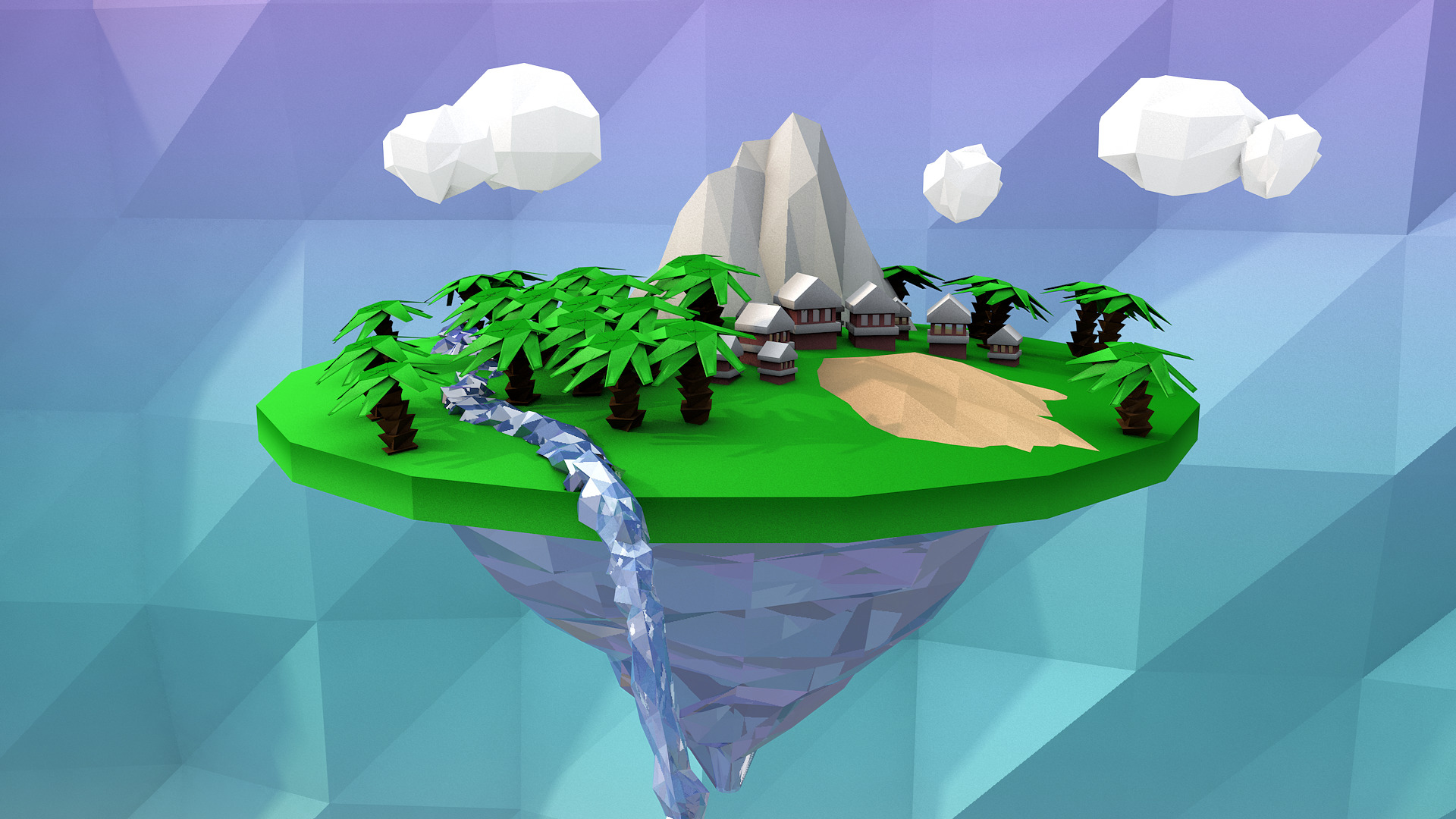 low Poly, Simple, Floating Island, Palm Trees, Digital Art Wallpaper