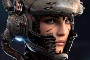 digital Art, Robot, Women, Face, Blue Eyes, Cyborg, Technology, Helmet, Wires, Lights, Bionics