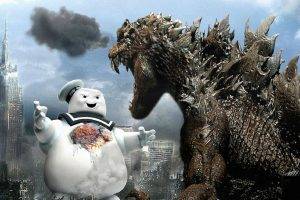 digital Art, Godzilla, Snowmen, City, Stay Puft Marshmallow Man
