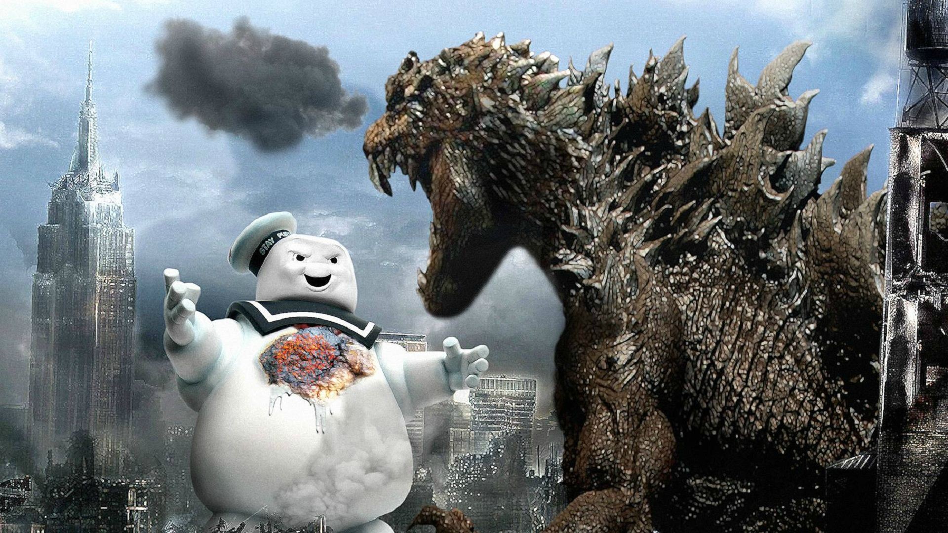 digital Art, Godzilla, Snowmen, City, Stay Puft Marshmallow Man Wallpaper