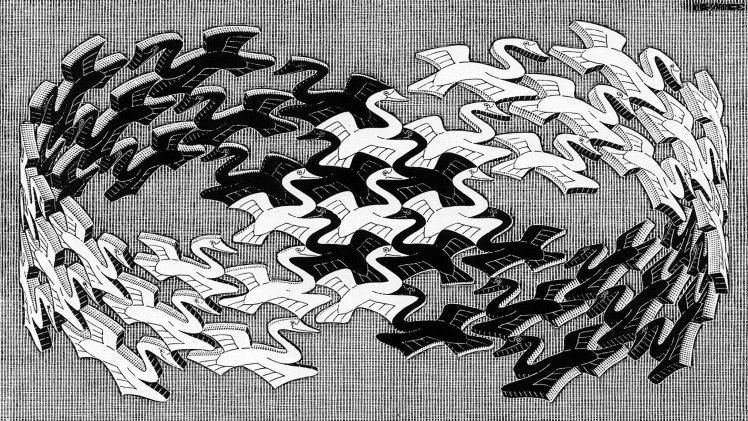 artwork, M. C. Escher, Monochrome, Psychedelic, Animals, Birds, Flying, 3D, Mobius Strip HD Wallpaper Desktop Background