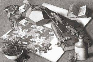 artwork, Optical Illusion, Drawing, M. C. Escher, Monochrome, Psychedelic, Animals, Reptile, Books, 3D, Bottles