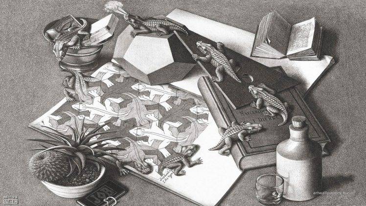 artwork, Optical Illusion, Drawing, M. C. Escher, Monochrome, Psychedelic, Animals, Reptile, Books, 3D, Bottles HD Wallpaper Desktop Background