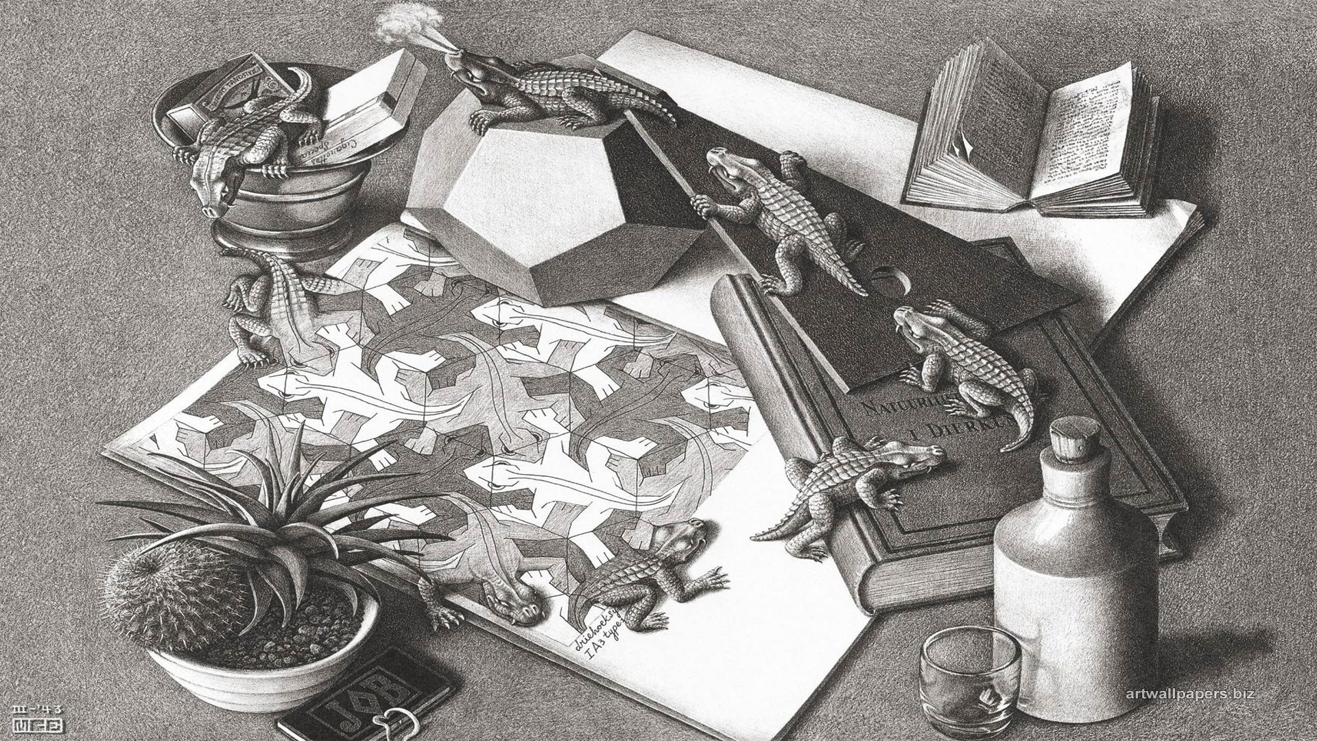 artwork, Optical Illusion, Drawing, M. C. Escher, Monochrome, Psychedelic, Animals, Reptile, Books, 3D, Bottles Wallpaper