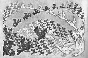 artwork, M. C. Escher, Monochrome, Psychedelic, Animals, Fish, Birds, Geese, Flying, Lithograph