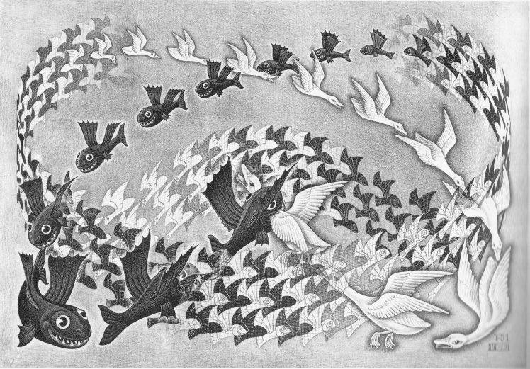 artwork, M. C. Escher, Monochrome, Psychedelic, Animals, Fish, Birds, Geese, Flying, Lithograph HD Wallpaper Desktop Background