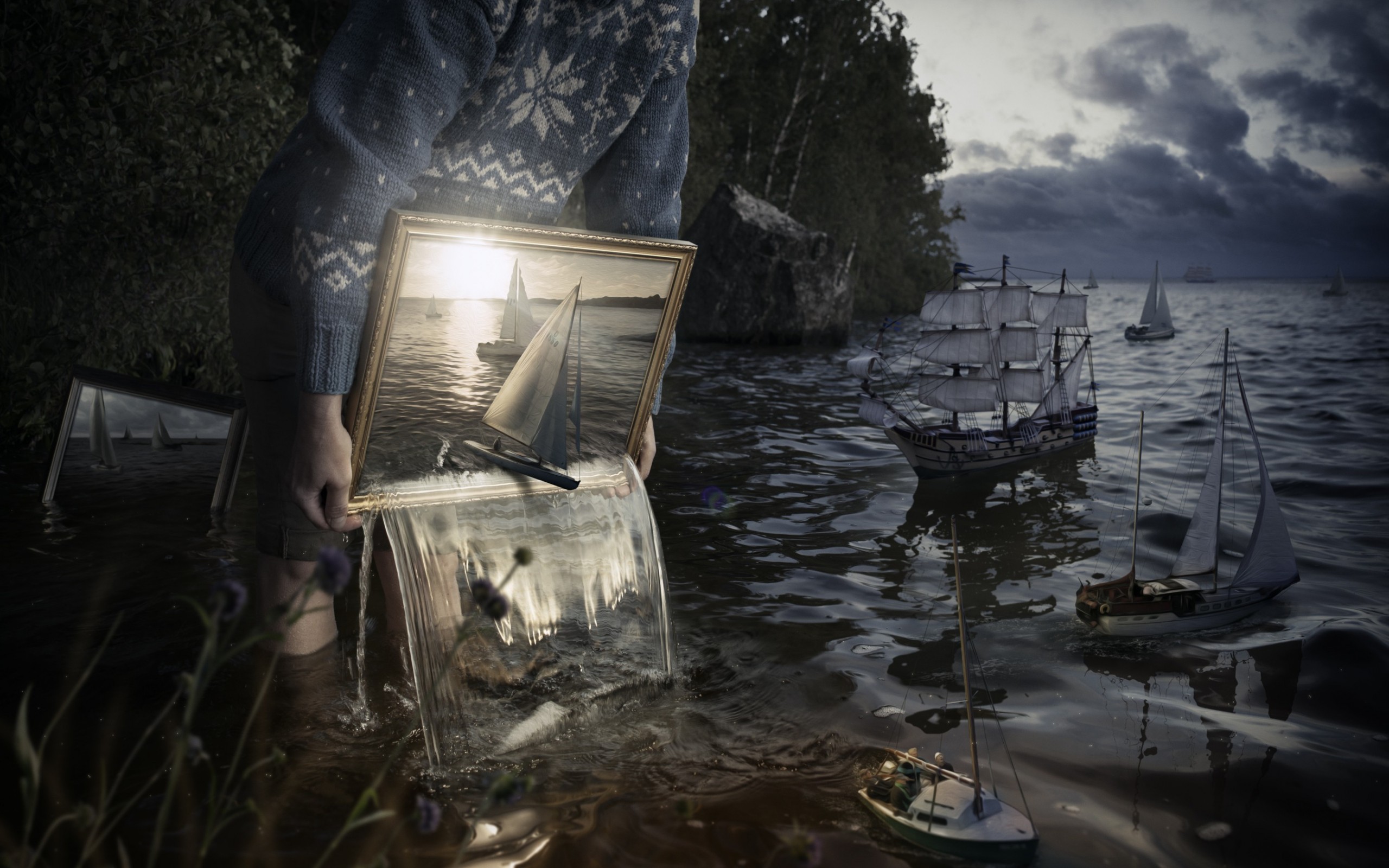 digital Art, Adobe Photoshop, Creativity, Men, Picture Frames, Water, Sea, Sailing Ship, Trees, Clouds, Rock, Erik Johansson Wallpaper