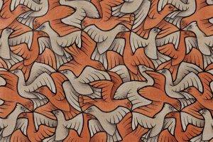 drawing, Artwork, M. C. Escher, Optical Illusion, Symmetry, Sketches, Animals, Birds, Red, Flying, Wings