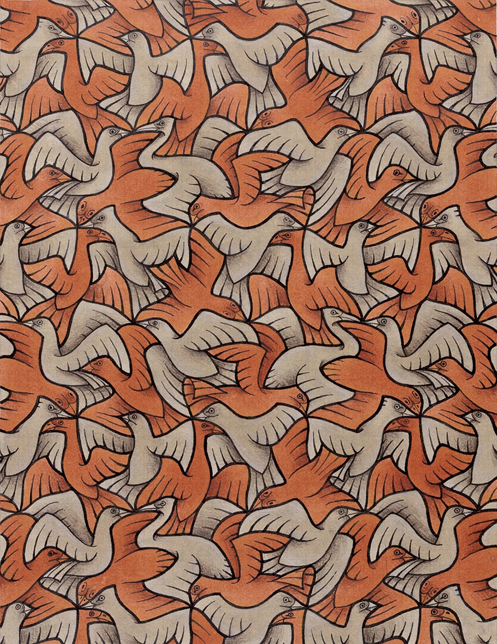 drawing, Artwork, M. C. Escher, Optical Illusion, Symmetry, Sketches, Animals, Birds, Red, Flying, Wings Wallpaper