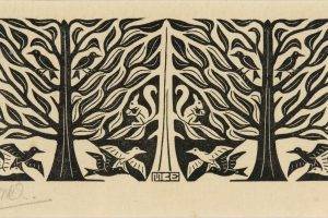 drawing, Artwork, M. C. Escher, Optical Illusion, Symmetry, Sketches, Animals, Trees, Birds, Squirrel, Leaves, Monochrome, Signatures