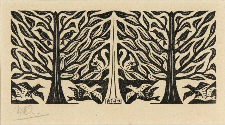 drawing, Artwork, M. C. Escher, Optical Illusion, Symmetry, Sketches, Animals, Trees, Birds, Squirrel, Leaves, Monochrome, Signatures HD Wallpaper Desktop Background