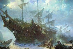 ship, Artwork, Drawing, Digital Art, Tropical, Shipwreck, Ruin