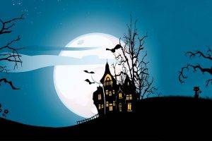Halloween, House, Digital Art, Bats, Cat, Pumpkin, Trees, Moon