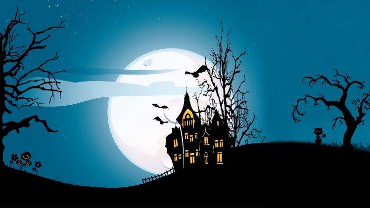 Halloween, House, Digital Art, Bats, Cat, Pumpkin, Trees, Moon HD Wallpaper Desktop Background