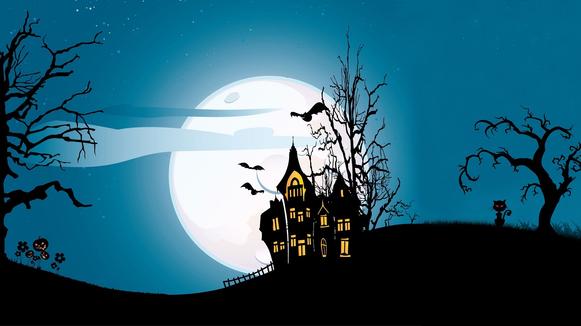 Halloween, House, Digital Art, Bats, Cat, Pumpkin, Trees, Moon Wallpaper