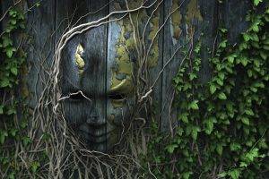 digital Art, Face, Wood, Roots, Leaves, Wooden Surface, Plants, Creepy, 3D