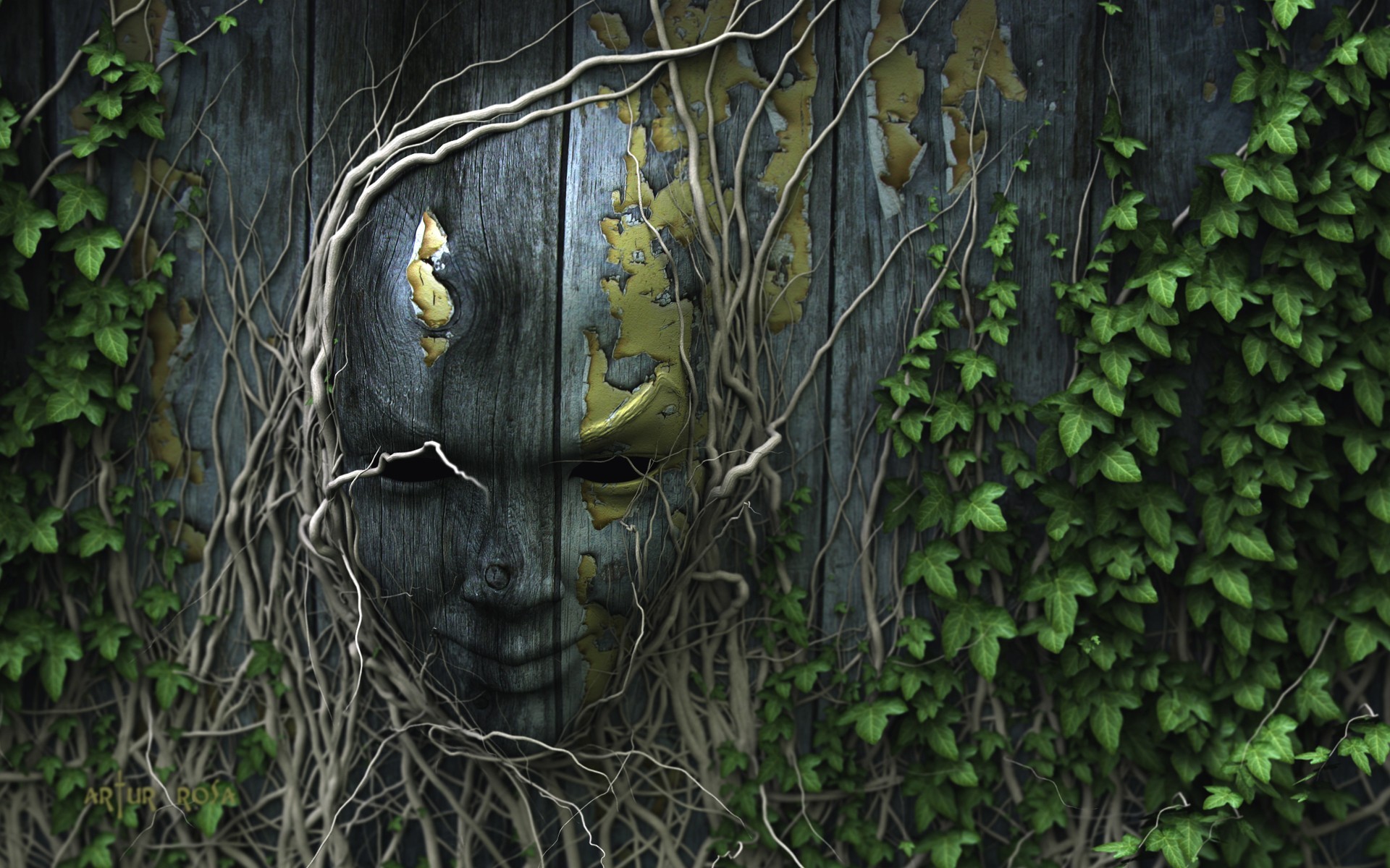 digital Art, Face, Wood, Roots, Leaves, Wooden Surface, Plants, Creepy, 3D Wallpaper