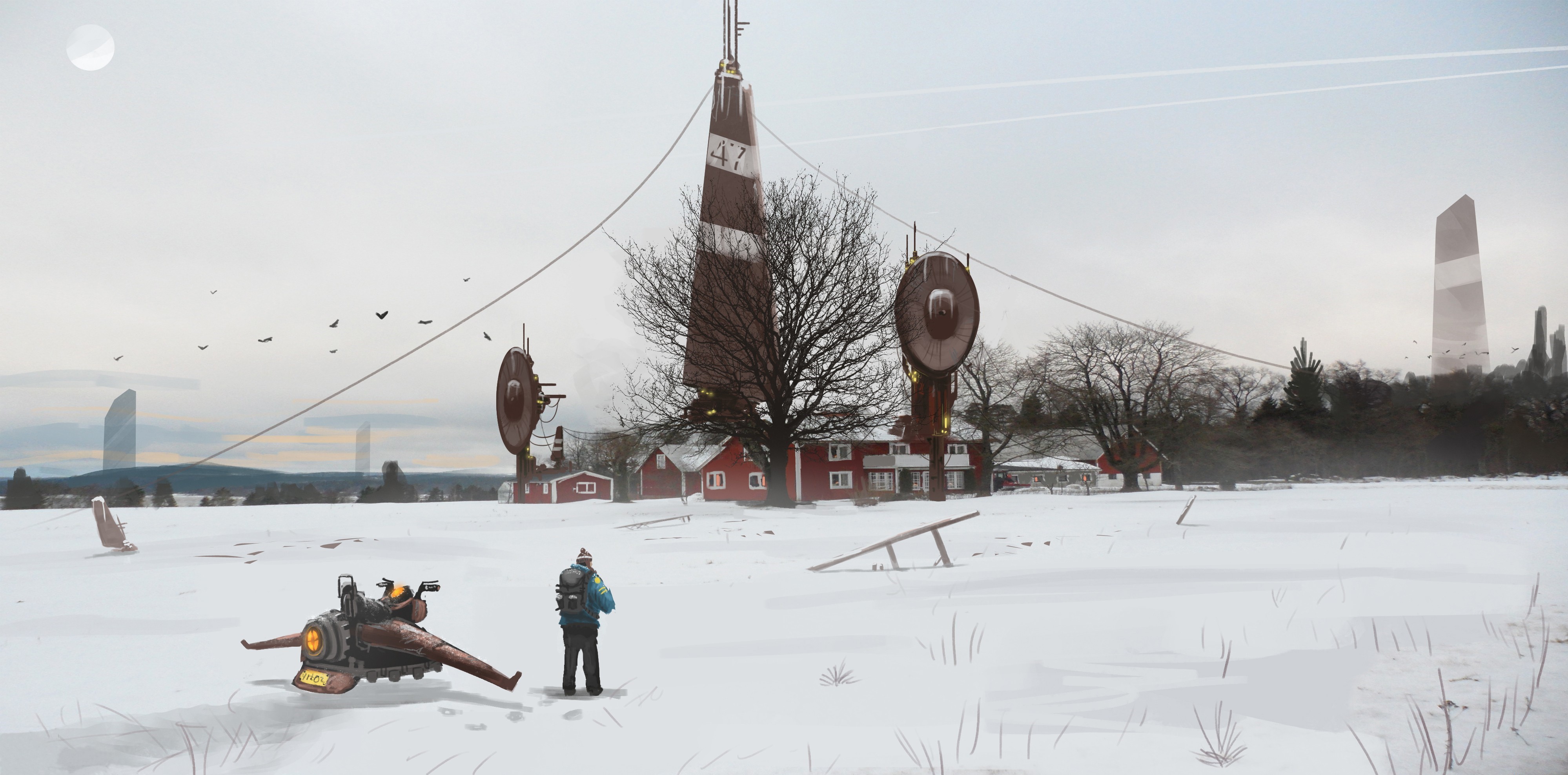 artwork, Futuristic, Digital Art, Snow, Dead Trees, Building, Alone, Field, Trees, Sweden Wallpaper