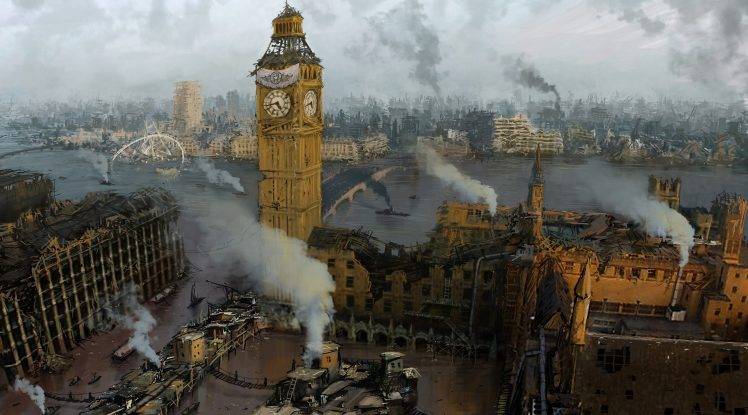 artwork, London, Apocalyptic, Digital Art, England, UK, Smoke, Ruin, City, Cityscape, Bridge, Big Ben HD Wallpaper Desktop Background