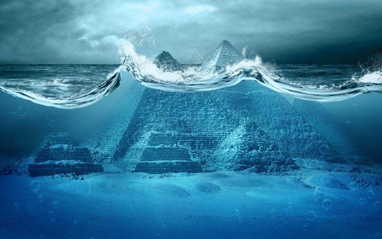 digital Art, Pyramid, Water, Underwater, Waves, Bubbles, Sea, Pyramids Of Giza, Blue, Clouds, Horizon, Apocalyptic, Artwork, Photo Manipulation HD Wallpaper Desktop Background