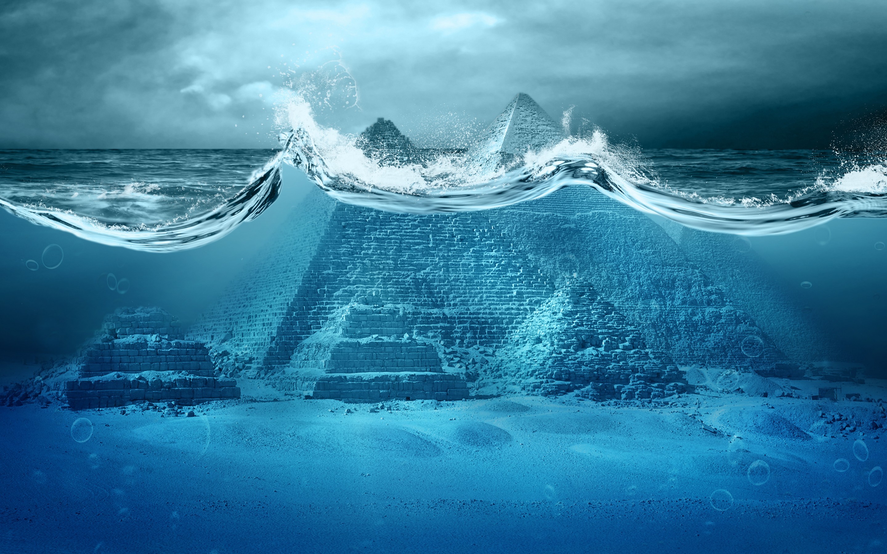 digital Art, Pyramid, Water, Underwater, Waves, Bubbles, Sea, Pyramids Of Giza, Blue, Clouds, Horizon, Apocalyptic, Artwork, Photo Manipulation Wallpaper