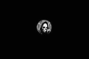 digital Art, Simple Background, Minimalism, Grim Reaper, Skull, Skeleton, Bones, Scythe, Hallway, Door, Fisheye Lens, Monochrome, Drawing, Black Background, Spooky, Death