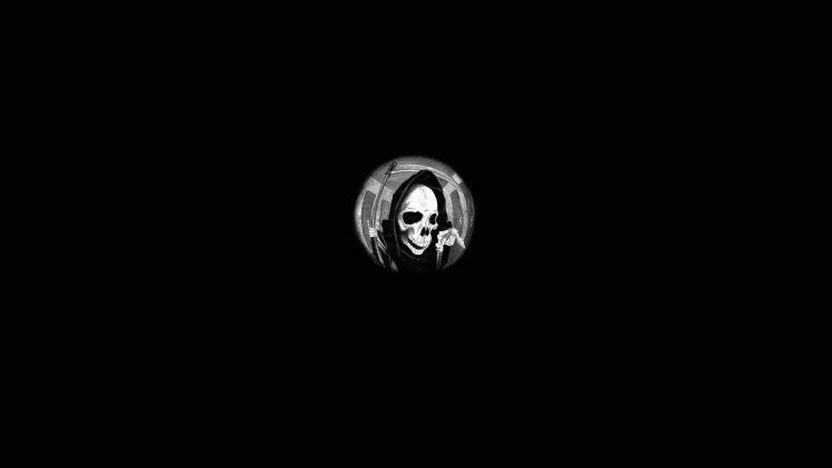 digital Art, Simple Background, Minimalism, Grim Reaper, Skull, Skeleton, Bones, Scythe, Hallway, Door, Fisheye Lens, Monochrome, Drawing, Black Background, Spooky, Death HD Wallpaper Desktop Background
