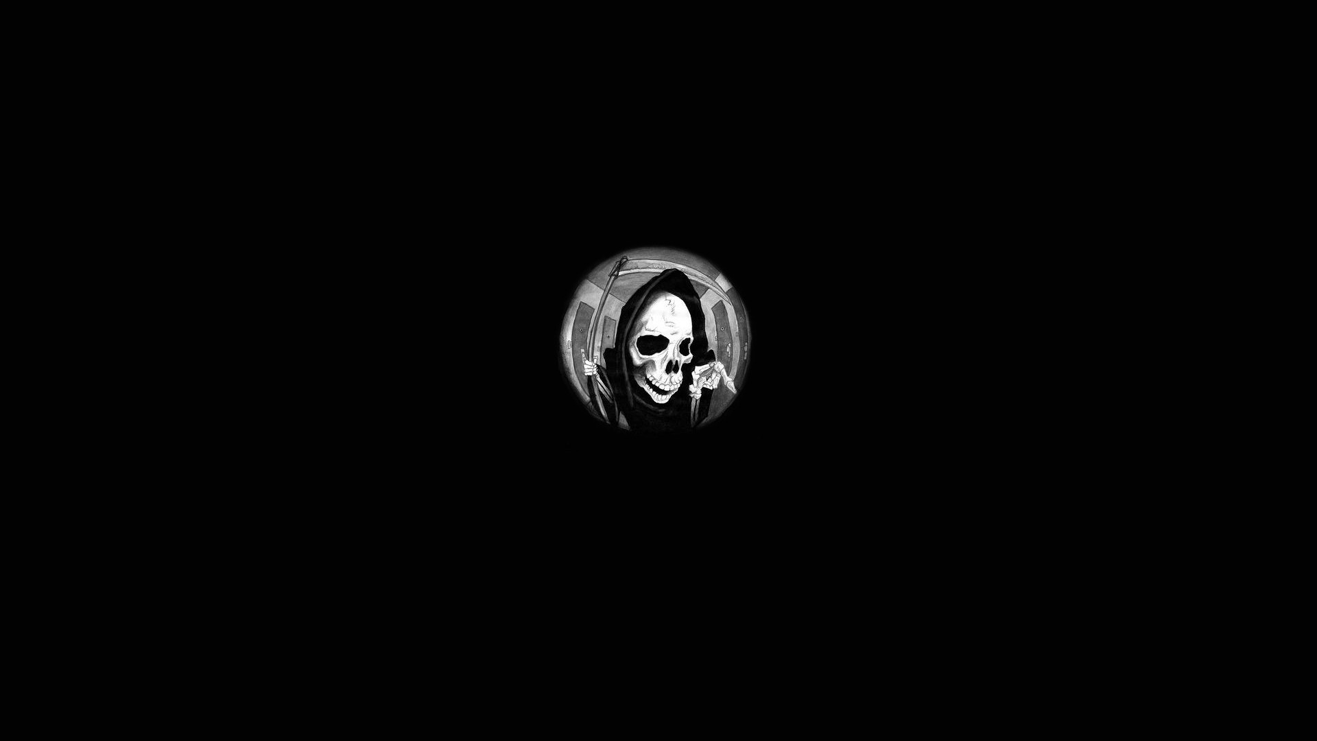 digital Art, Simple Background, Minimalism, Grim Reaper, Skull, Skeleton, Bones, Scythe, Hallway, Door, Fisheye Lens, Monochrome, Drawing, Black Background, Spooky, Death Wallpaper