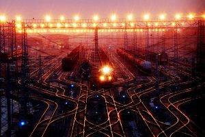 digital Art, Train, Train Station, Night, Lights, Traffic Lights, Rail Yard