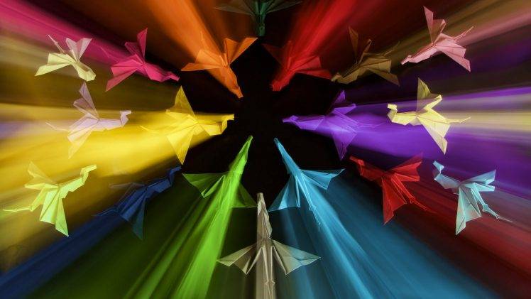 digital Art, Colorful, Warm Colors, Birds, Paper Cranes, Origami, Light Trails, Blurred HD Wallpaper Desktop Background