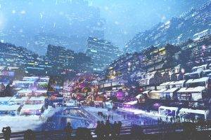 artwork, Digital Art, City, Futuristic, Cyberpunk, Snow, Lights, People, Winter