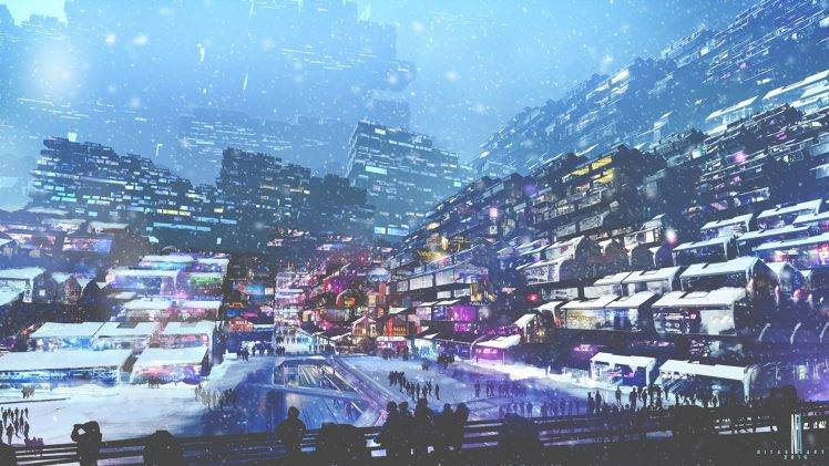 artwork, Digital Art, City, Futuristic, Cyberpunk, Snow, Lights, People, Winter HD Wallpaper Desktop Background