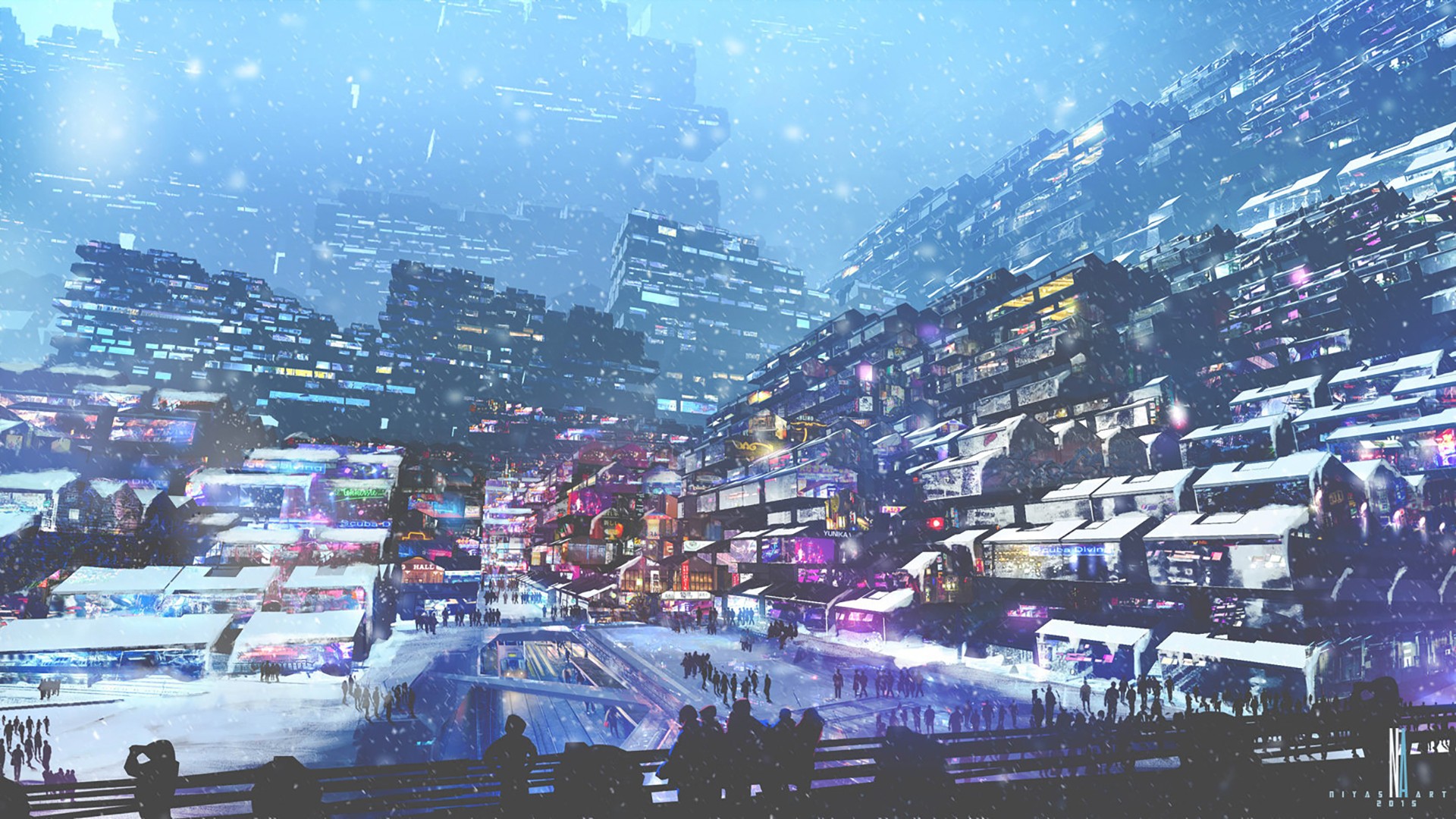 artwork, Digital Art, City, Futuristic, Cyberpunk, Snow, Lights, People, Winter Wallpaper