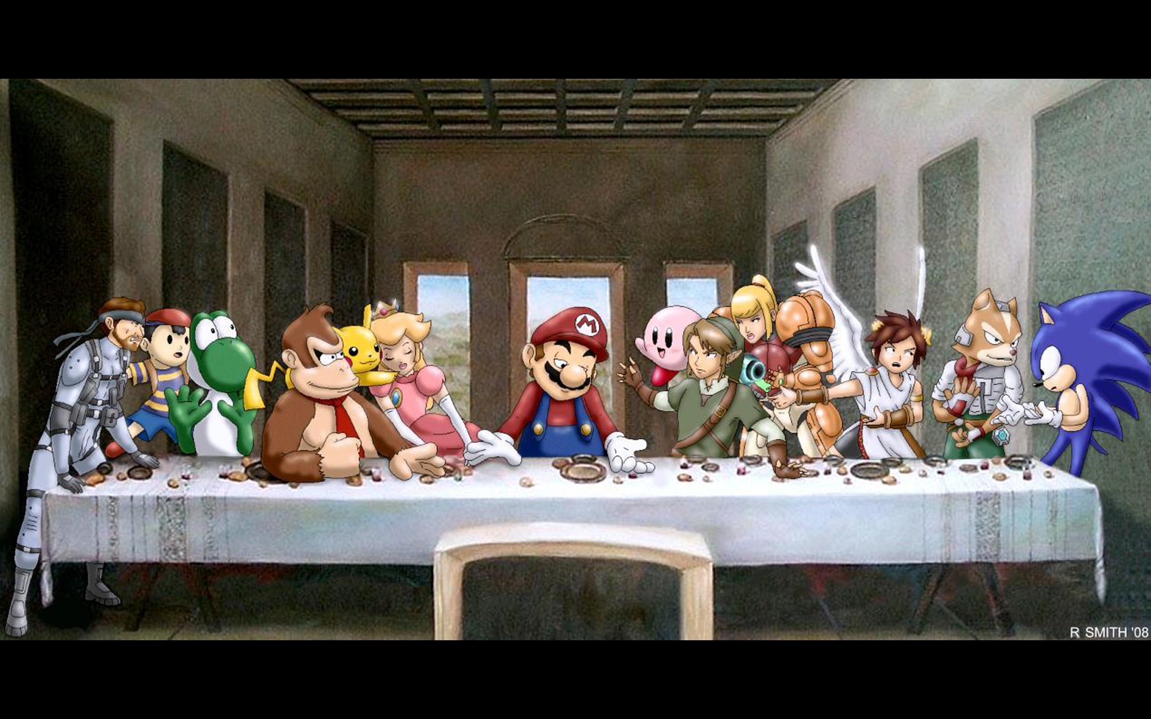 digital Art, Super Mario, Sonic, Kirby, Painting, The Legend Of Zelda, Table, The Last Supper, Parody Wallpaper