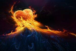 fire, Hearts, Arms Up, Dark Background, Digital Art