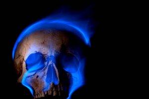 digital Art, Skull, Black Background, Teeth, Burning, Blue Flames, Fire, Death, Spooky, Gothic