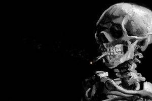 digital Art, Skull, Black Background, Painting, Bones, Spine, Ribs, Teeth, Smoking, Cigarettes, Smoke, Monochrome