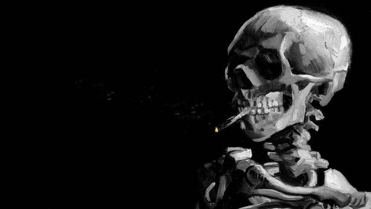 digital Art, Skull, Black Background, Painting, Bones, Spine, Ribs, Teeth, Smoking, Cigarettes, Smoke, Monochrome HD Wallpaper Desktop Background