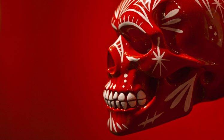 digital Art, Skull, Red Background, Teeth, Profile, Ceramics HD Wallpaper Desktop Background