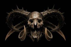 digital Art, Creature, Skull, Horns, Demon, Fangs, Teeth, Devils, Black Background, Death, Spooky, Horror