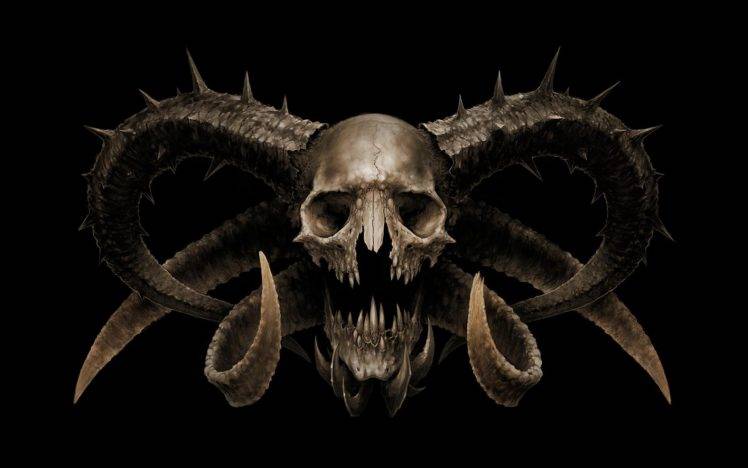 digital Art, Creature, Skull, Horns, Demon, Fangs, Teeth, Devils, Black Background, Death, Spooky, Horror HD Wallpaper Desktop Background