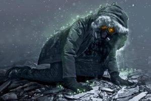digital Art, Glowing, Men, Winter, Romantically Apocalyptic, Coats, Gas Masks, Hoods, Snow, Ruin, Vitaly S Alexius, Boots, Gloves