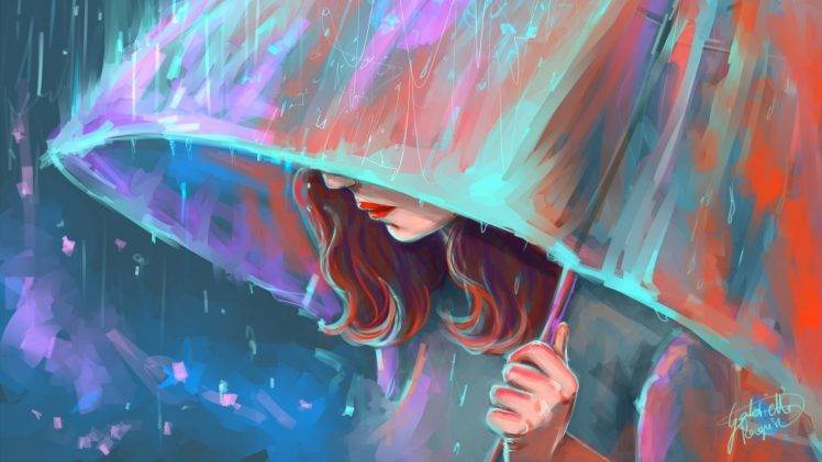 digital Art, Painting, Women, Face, Artwork, Long Hair, Umbrella, Rain, Colorful, Red Lipstick HD Wallpaper Desktop Background