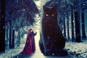 Red Riding Hood, Cat, Snow, Winter, Photo Manipulation, Photoshop, Digital Art
